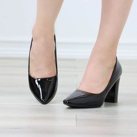 Classic Black Patent Block High Heel Slip On Pointed Toe Pumps Office Wear - Picture 9 of 10